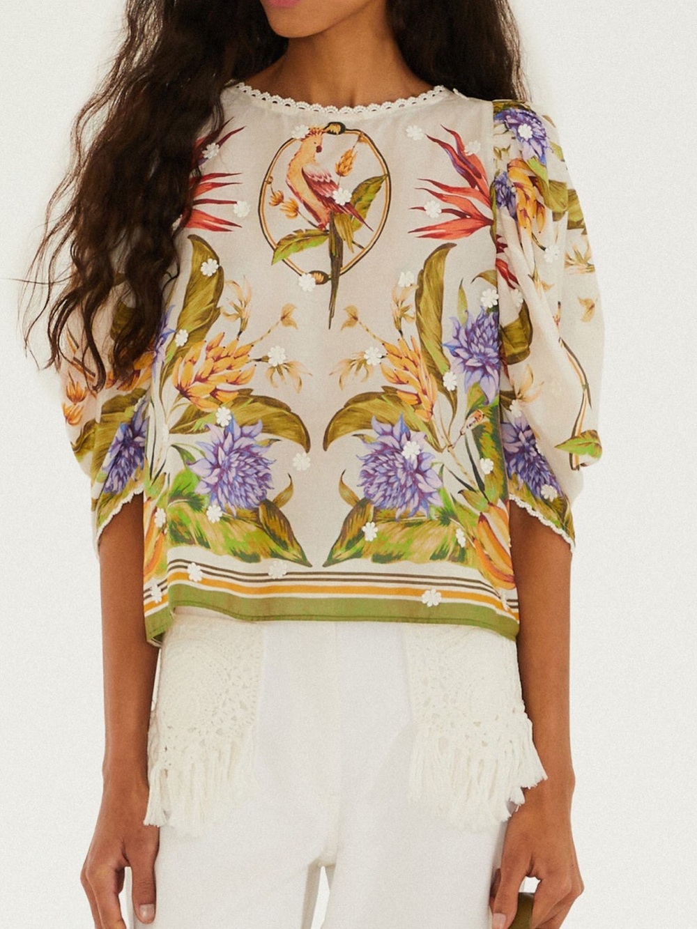 FARM Rio Tropical Print Lace Trim Top